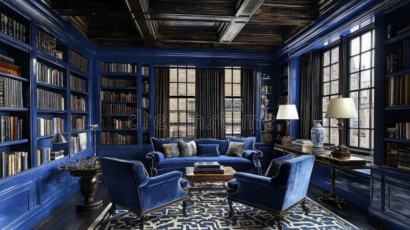Deep blue interior with decorative wallcovering and framed art