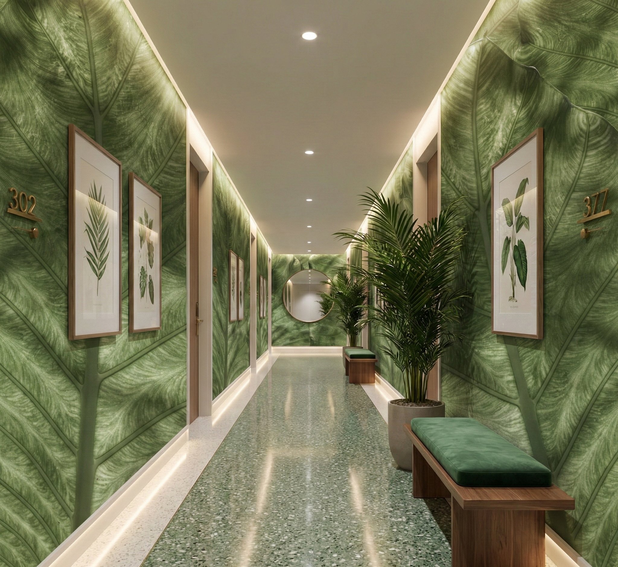 Patterned green wallcovering in an interior corridor