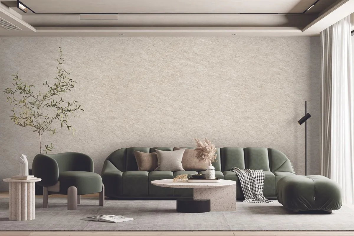 Finished room with sculptural furniture and light decorative wallcovering